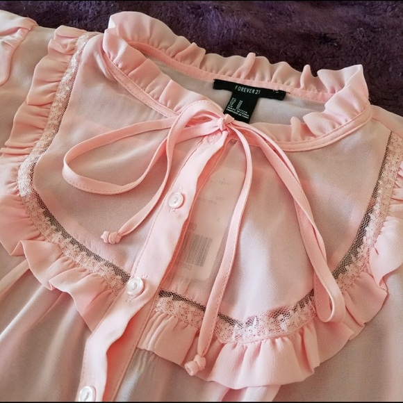 Sheer Pink Short Sleeve Button Down Blouse - Picture 3 of 3